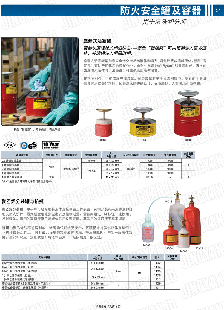 美国杰斯瑞特，JUSTRITE，活塞安全罐，盛漏式活塞罐，化学品分装罐，